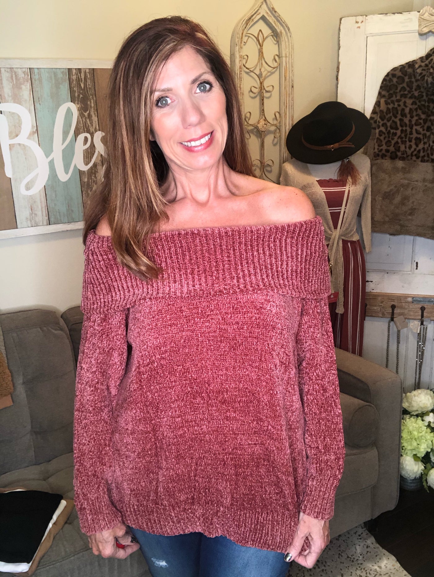 Off Shoulder Chenille Sweater - Corinne Boutique Family Owned and Operated USA