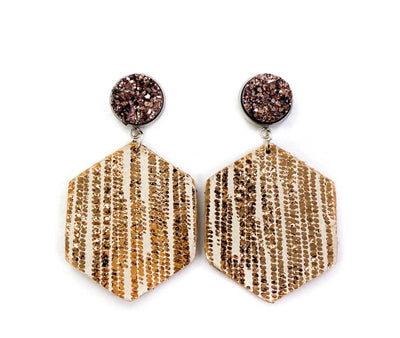 Druzy Stone & Rose Gold Rain on Tan Leather Earrings - Corinne Boutique Family Owned and Operated USA