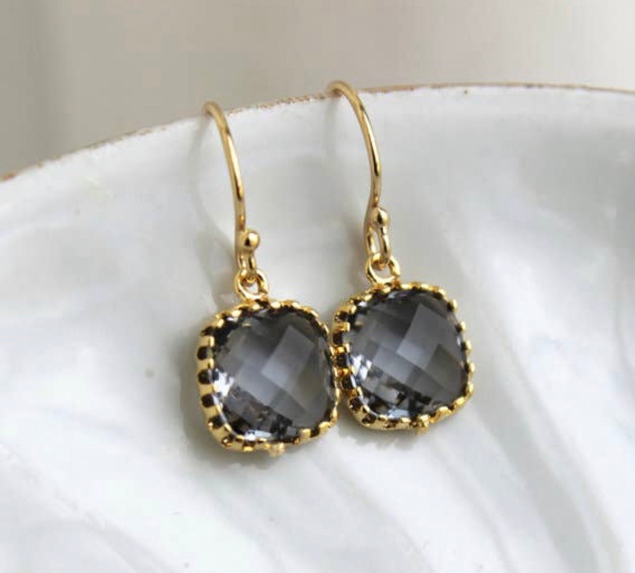 Gold and Crystal Square Charcoal Earrings - Corinne Boutique Family Owned and Operated USA