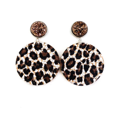 Druzy Stud & Brown Leopard Leather Earrings - Corinne Boutique Family Owned and Operated USA