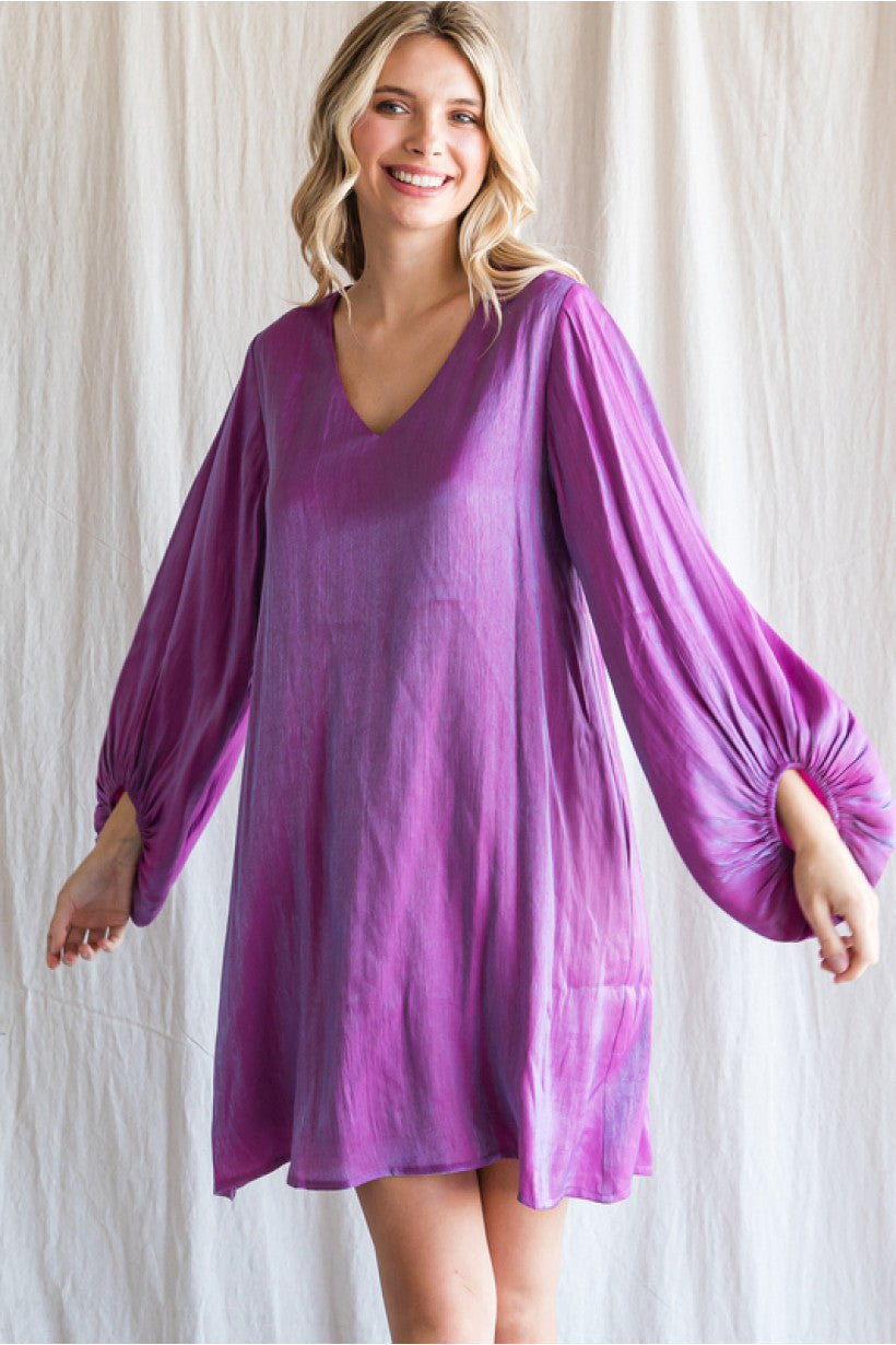 Gretta V-neck Bubble Sleeve Dress - Corinne Boutique Family Owned and Operated USA