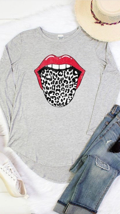 Red Lips and Leopard Tongue Long Sleeve Graphic Tee - Corinne an Affordable Women's Clothing Boutique in the US USA