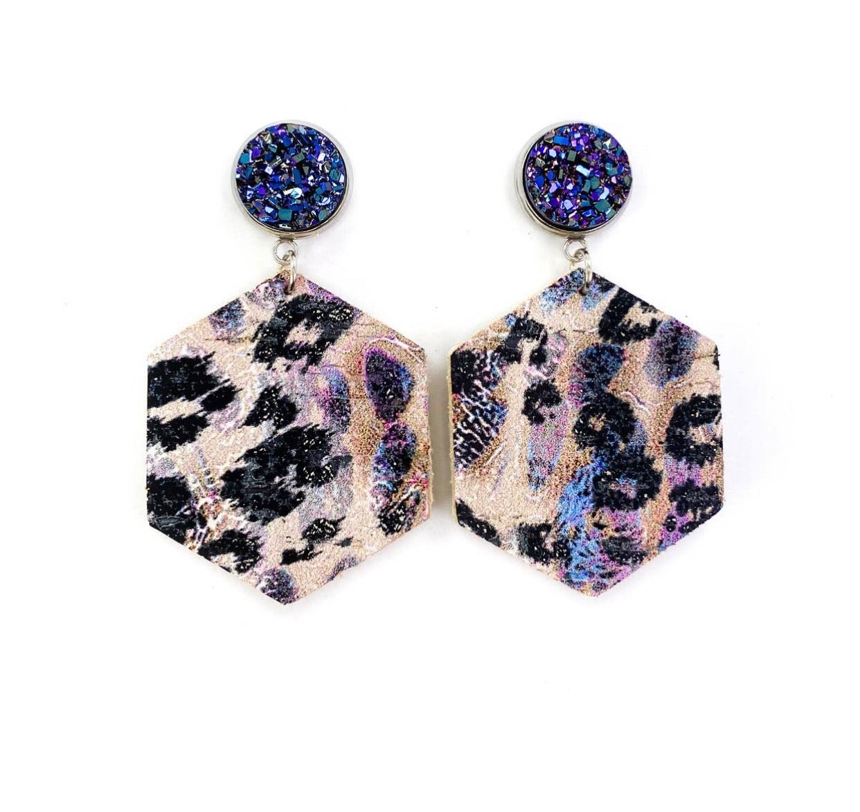 Druzy Stud & Festive Leopard Leather Earrings - Corinne Boutique Family Owned and Operated USA