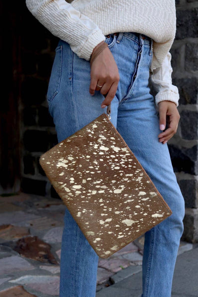 Gold Splash Cowhide Clutch - Corinne Boutique Family Owned and Operated USA