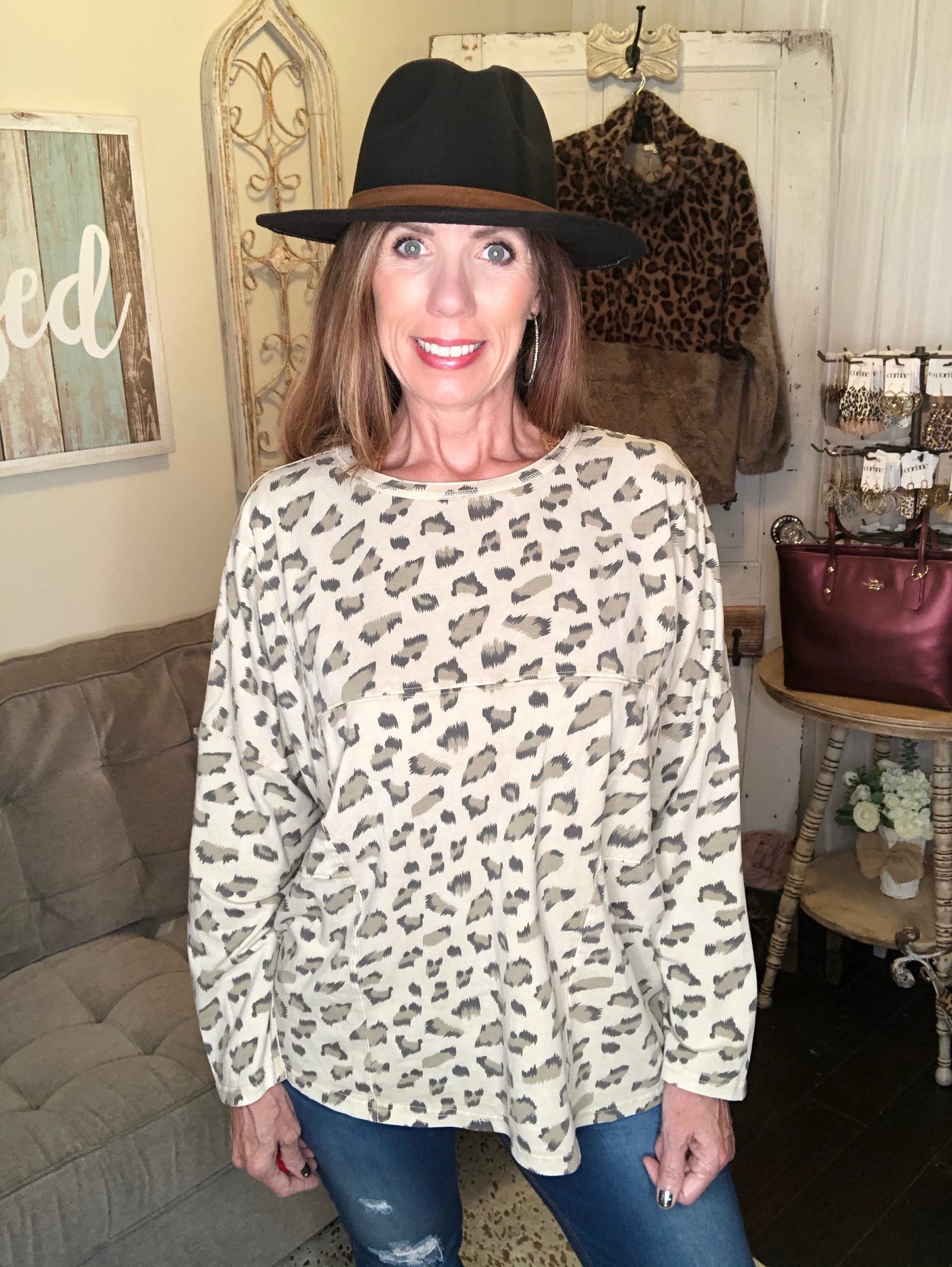 Macey Leopard Print Oversized Long Sleeve Tee - Corinne Boutique Family Owned and Operated USA