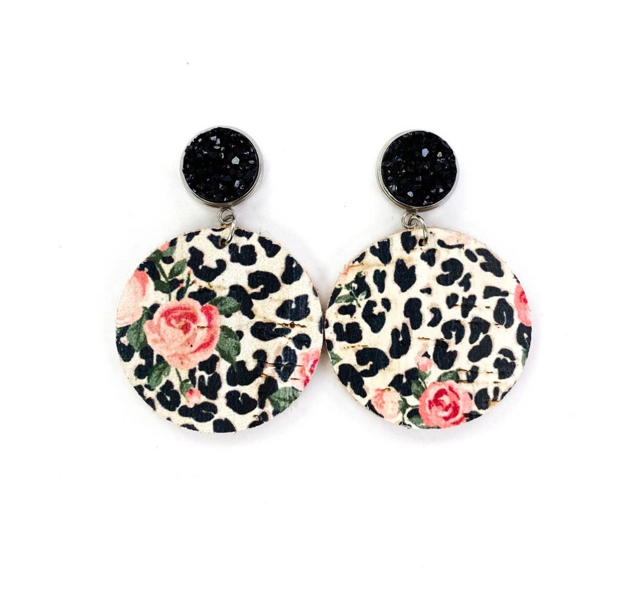 Druzy Stud & Nude Leopard Leather Earrings - Corinne an Affordable Women's Clothing Boutique in the US USA