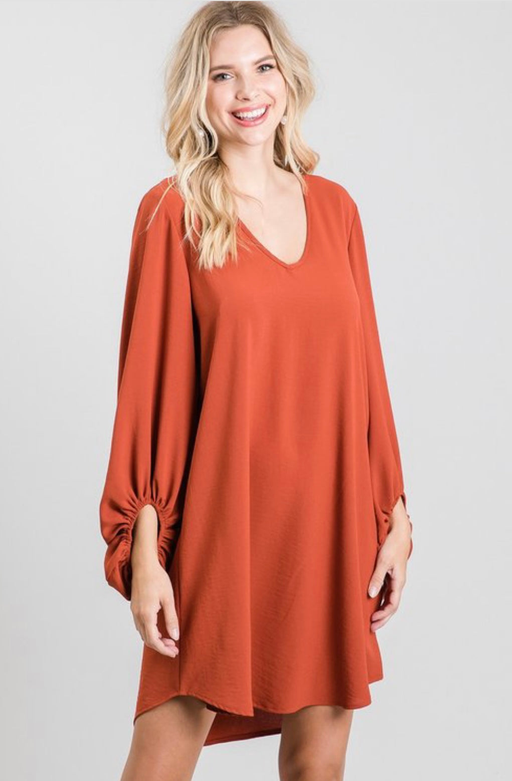 Chrissie V-neck Bubble Sleeve Dress - Corinne Boutique Family Owned and Operated USA