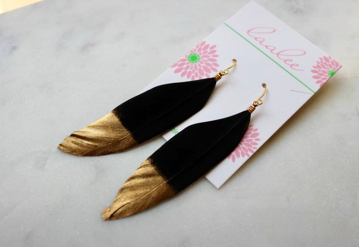 Gold Dipped Black Feather Earrings - Corinne Boutique Family Owned and Operated USA