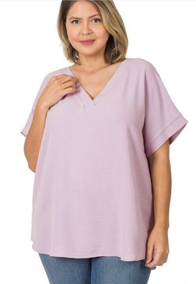 Ariel Woven V-Neck Dolman Sleeve Top (Plus) - Corinne Boutique Family Owned and Operated USA