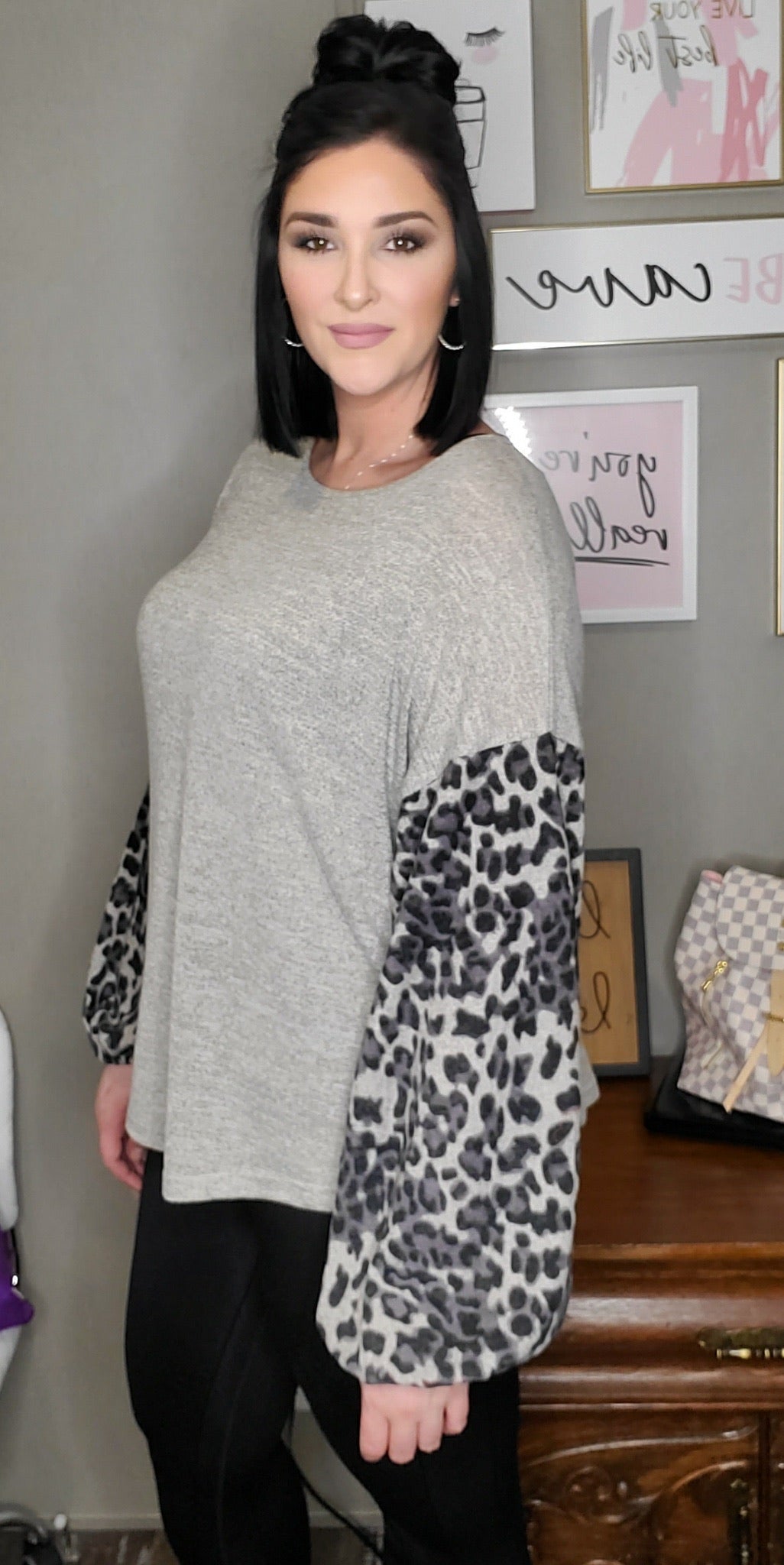 Delilah Animal Print Sleeve Hacci Knit Top (PLUS) - Corinne Boutique Family Owned and Operated USA