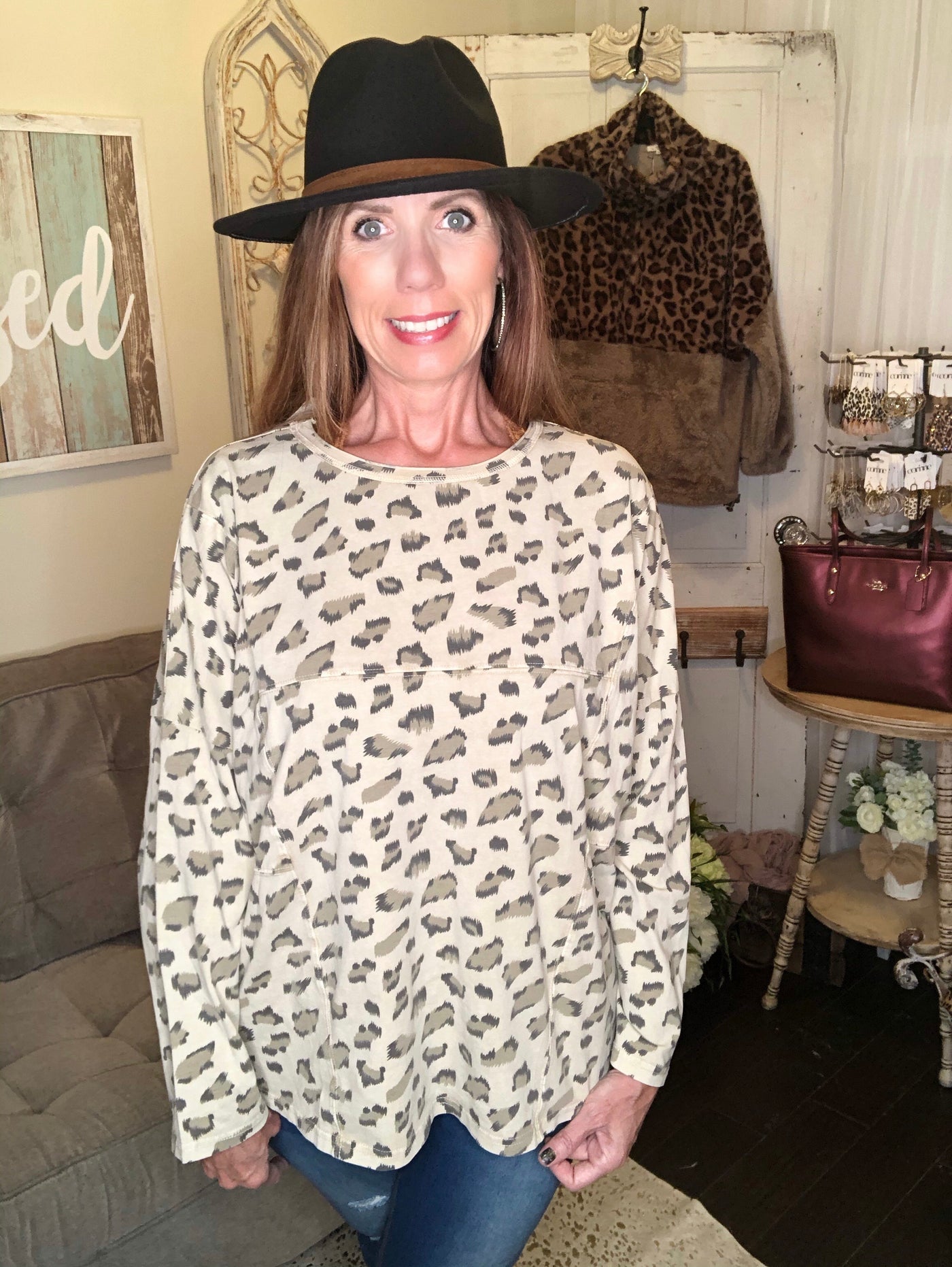 Macey Leopard Print Oversized Long Sleeve Tee - Corinne Boutique Family Owned and Operated USA