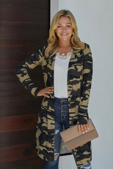 Camo Open Front Cardigan - Corinne Boutique Family Owned and Operated USA