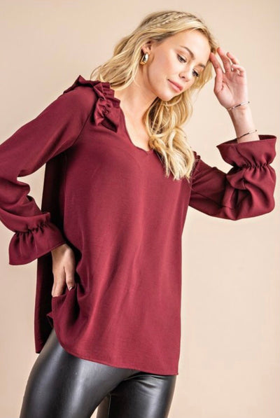 Tristan Ruched Woven V Neck Blouse - Corinne Boutique Family Owned and Operated USA