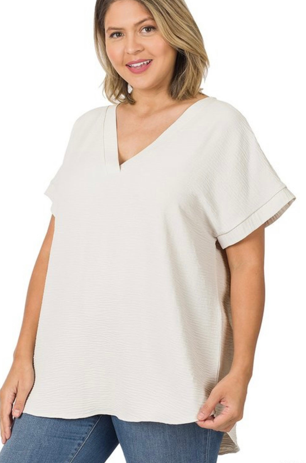 Ariel Woven V-Neck Dolman Sleeve Top (Plus) - Corinne Boutique Family Owned and Operated USA