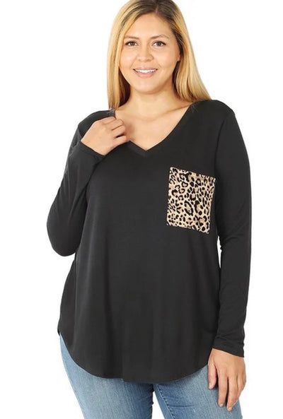 Bree V-Neck Leopard Pocket Tee PLUS - Corinne Boutique Family Owned and Operated USA