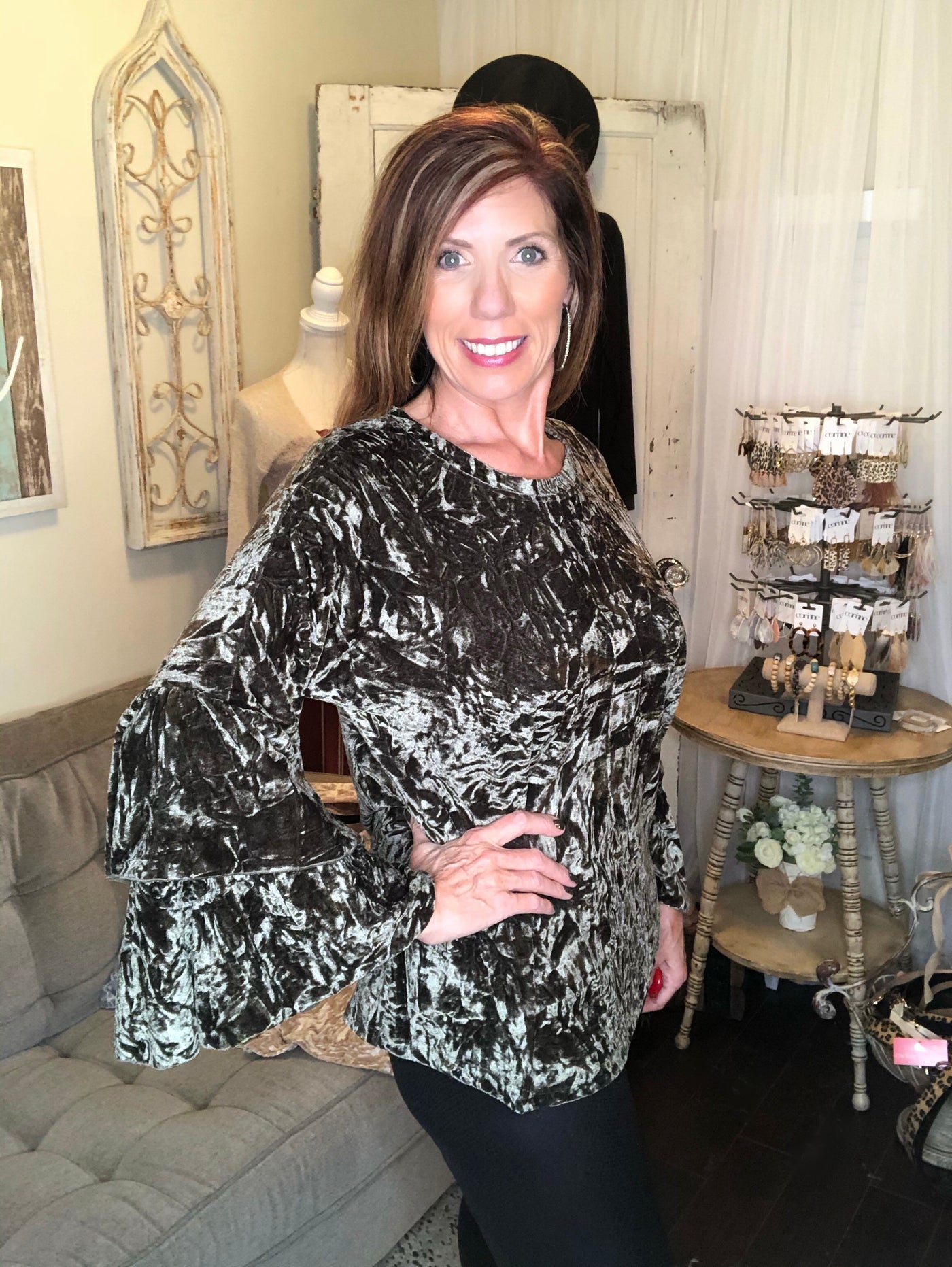 Ruffle Sleeve Crushed Velvet Top - Corinne Boutique Family Owned and Operated USA
