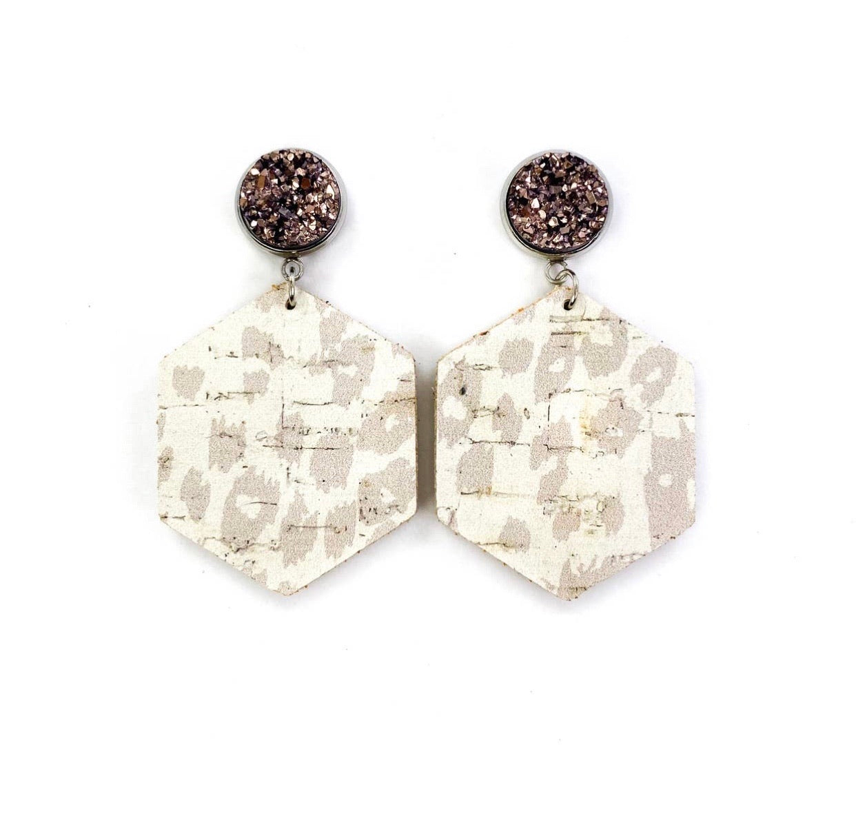 Druzy Stud and Nude Leopard Leather Earrings - Corinne Boutique Family Owned and Operated USA