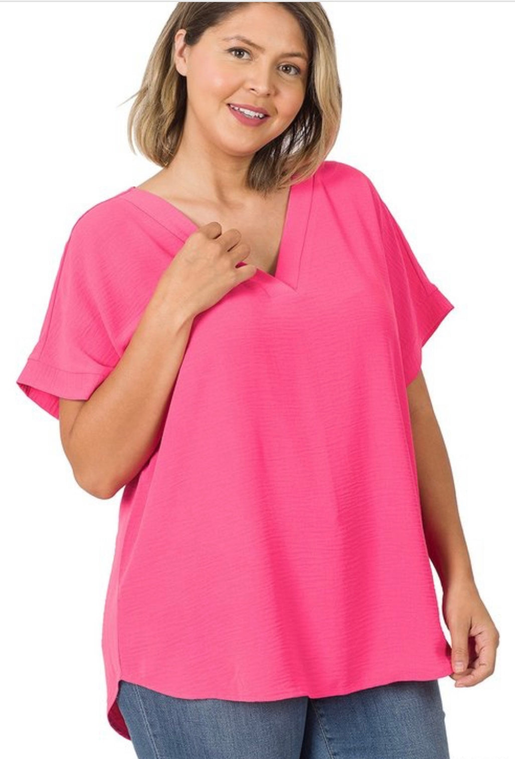 Ariel Woven V-Neck Dolman Sleeve Top (Plus) - Corinne Boutique Family Owned and Operated USA