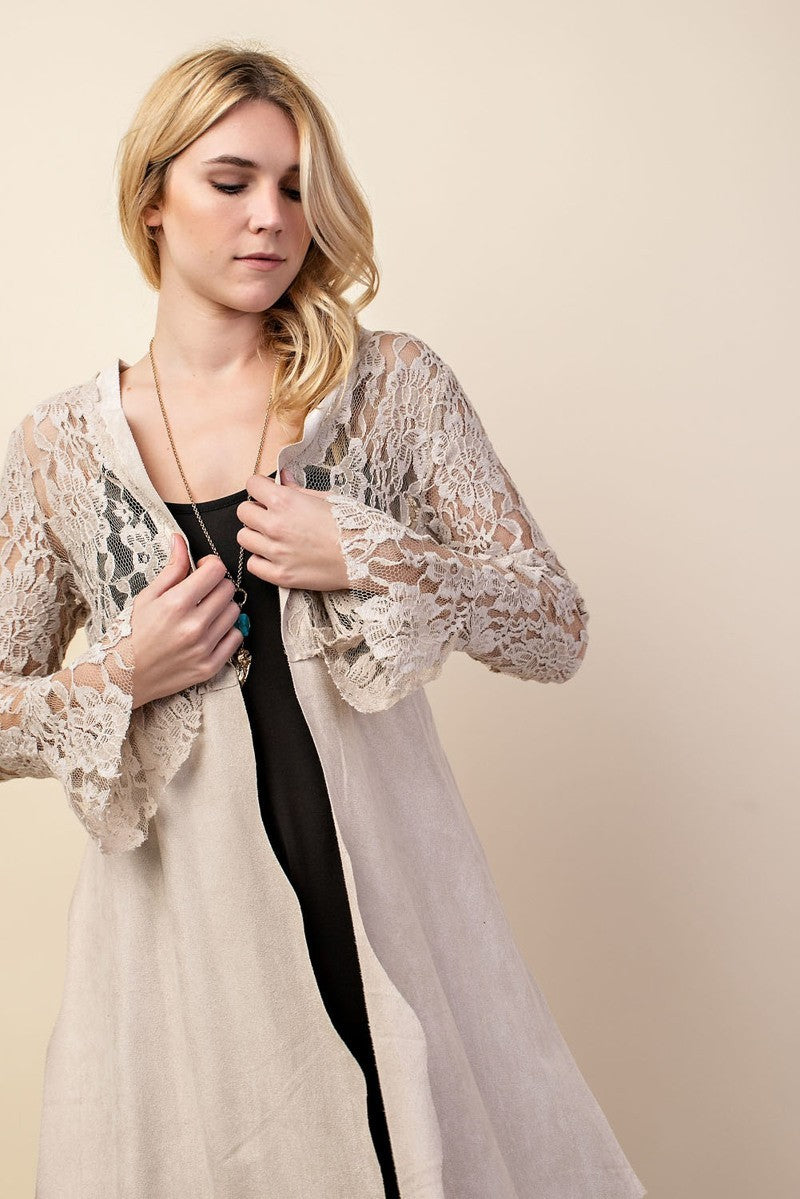 Carolyn Suede Cardigan with Lace Sleeves - Corinne an Affordable Women's Clothing Boutique in the US USA